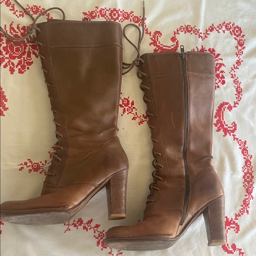 Vintage Frye Villager Brown Leather Lace Up Heeled Boots sz 9